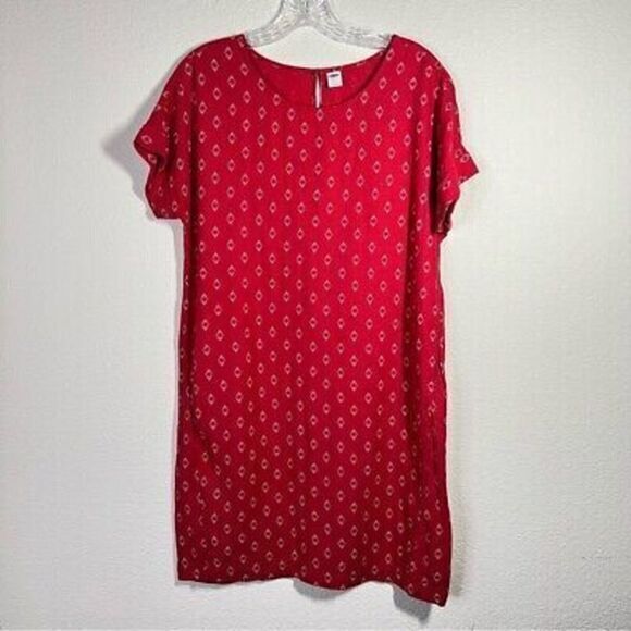 Old Navy Womens Printed Shift Dress Size S Red Cuffed Sleeve Crew‎ Neck Linen - Picture 1 of 7